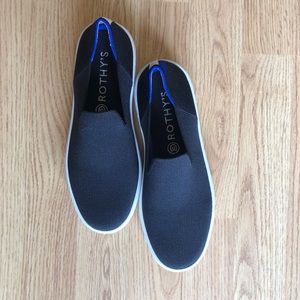 Rothy’s Black Shoes with Blue & White Heel